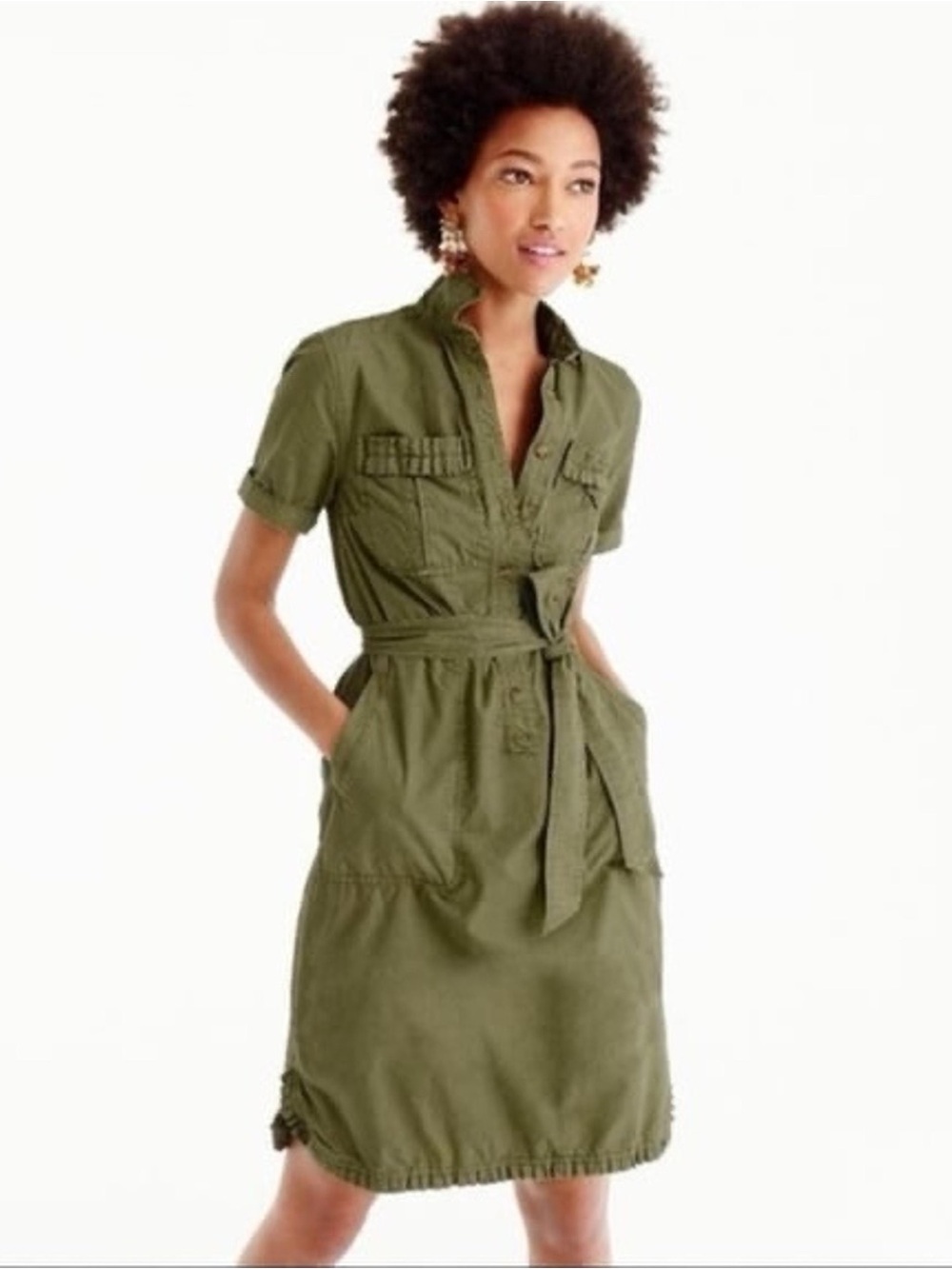 J. Crew Olive Green Ruffle Hem Utility Shirtdress with Waist Tie